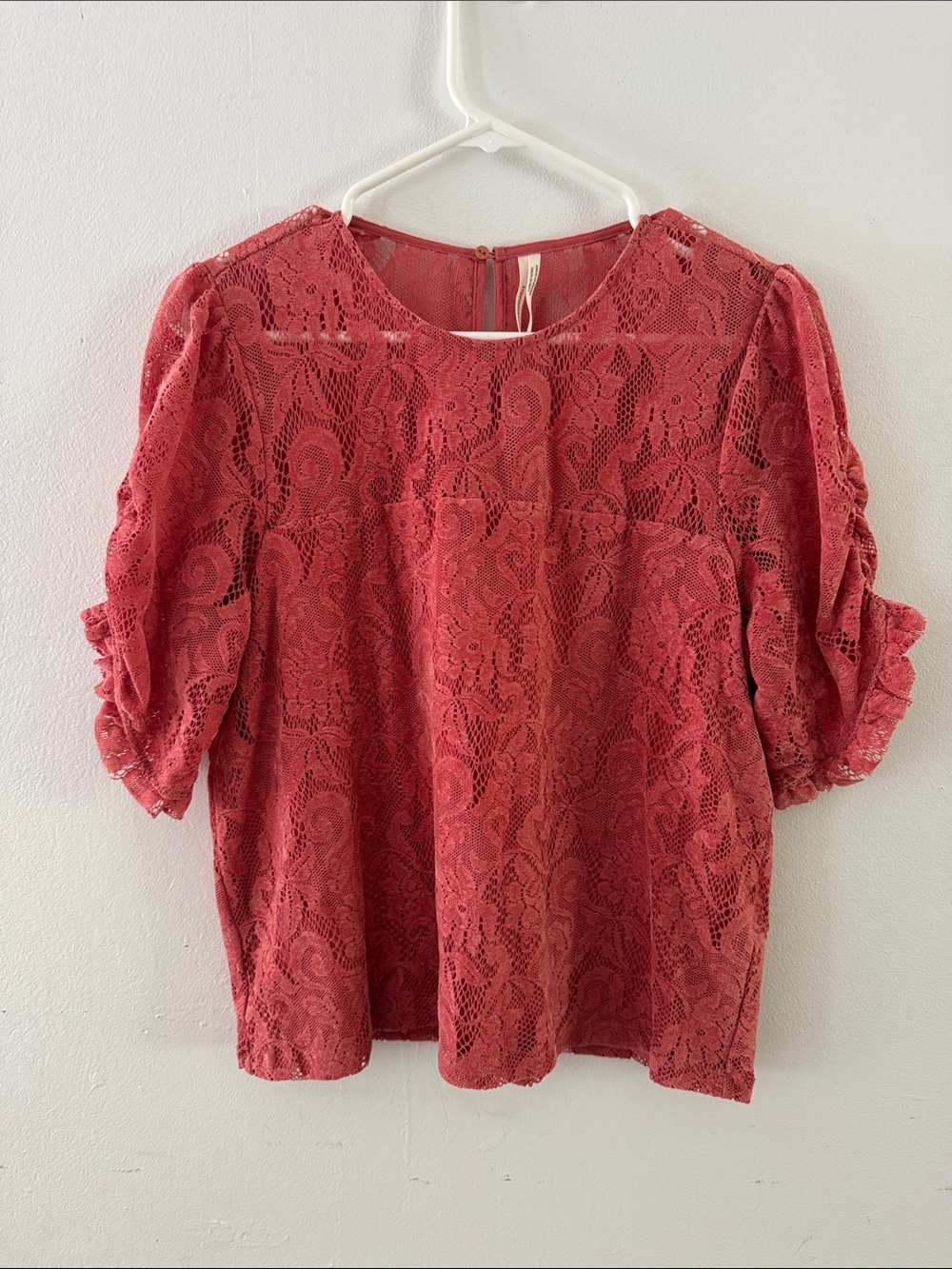 Anthropologie‎ Parvati Lace Top Rosewood Coral Puff Sleeve Sz M